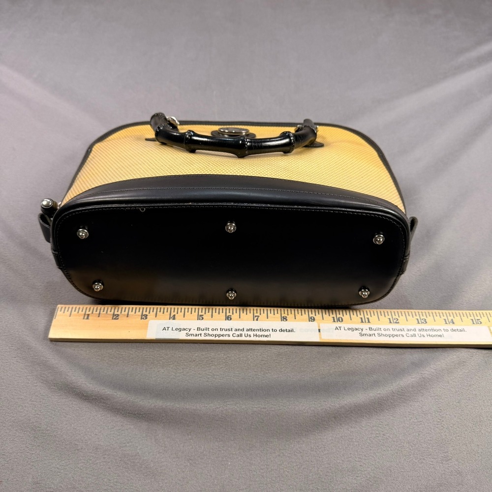 Dooney & Bourke Bamboo Handle Dome Satchel Straw Leather Tan Black Medium Silver - Picture 9 of 13